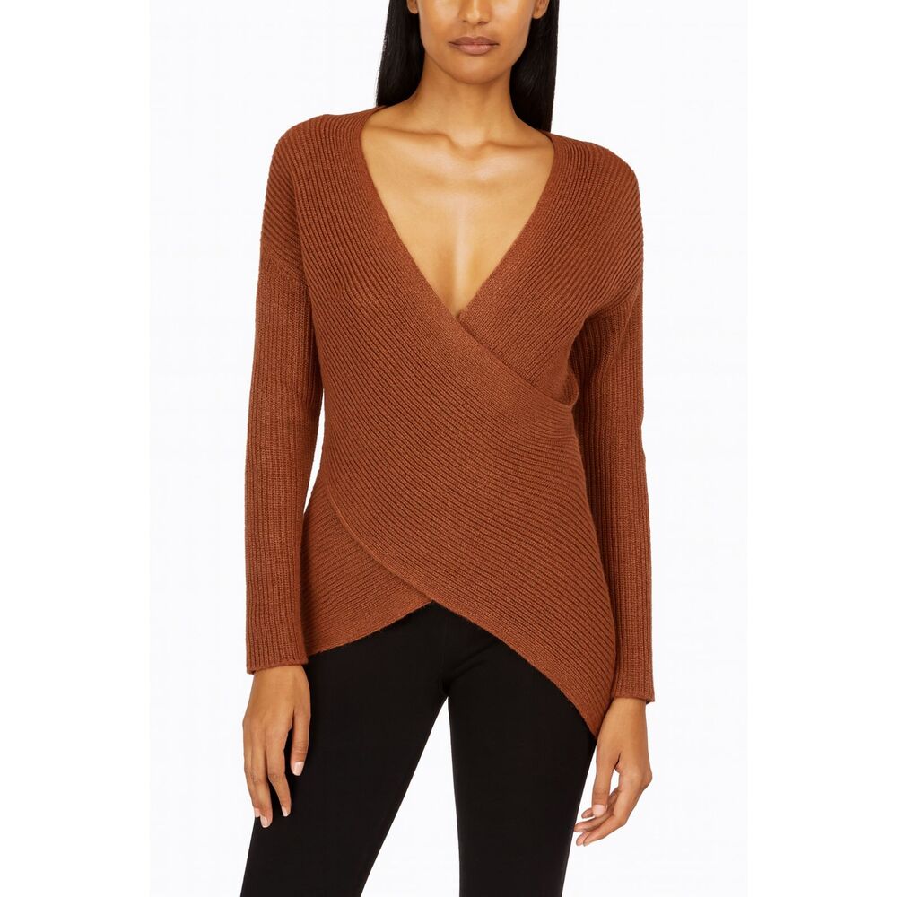 ASTR the Label Brown Faux Wrap Surplice Sweater XS Ribbed Knit Romantic Boho